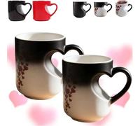 Heart-Shaped Color Changing Magic Ceramic Mug, Thermochromic Magic Reveal Design with Fun Reveal Pattern, Heart Shaped Handle Ceramic Coffee Cup Romantic Gift for Couples (2PCS*Black)