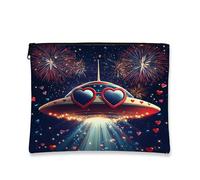Heart UFO - Borsa da viaggio per trucchi e cosmetici con cerniera, piccola borsa in tela portatile Love Space, regalo per le vacanze, per la cura della pelle, nero, 7x9 Inch, Ufo