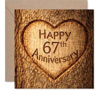 Heartfelt - Biglietto d'auguri per 67° anniversario, con ciondolo a forma di cuore intagliato, design rustico in legno per un 67° compleanno, auguri affettuosi con un tocco sentimentale, quadrato da
