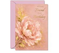 Heartfelt - Biglietto di auguri di compleanno per amici, auguri e fiori | Elegante peonia rosa con accenti in lamina d'oro, sofisticata e femminile per un caro amico, formato A5, busta inclusa