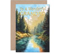Heartfelt - Biglietto di auguri di compleanno per nonno - Warm Wishes in a Tranquil Riverside Scene - Sereno paesaggio naturale con delicate tonalità blu e verdi, festa del papà - A5, busta inclusa