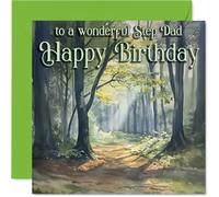 Heartfelt - Biglietto di auguri di compleanno per patrigno, scena della foresta serena con luce screziata, design naturale caldo per un meraviglioso patrigno - quadrato da 145 mm, busta inclusa