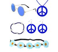 Heartsking 5 Pezzi Blu Accessori Costumi Donna Hippie Set, Accessori Anni 70 Fascia per Capelli Braccialetto di Perline Occhiali Hippie Collana e Orecchini della Pace per Anni 60 Halloween