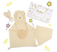 Heartsking Doudou Neonato, Set Regalo Neonato -100% Cotone Doudou, Bavaglino, Massaggia Gengive, Segno di Annuncio, Unisex Set Neonato Regalo Nascita per Neo Genitori(Beige)