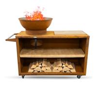 HEAT Outdoor Living Trolle Rost - Cesto da fuoco per il giardino - Botte e pozzo per il fuoco - Ciotola per il fuoco in robusto acciaio - Con plancha e griglia per cucinare - 117x46x106 cm