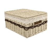 HEATSHAKING Cestino Rettangolare Intrecciato Porta Cosmetici Coperchio Organizer per Articoli da Toeletta Portaoggetti Decorativo in Stile Vintage Beige Base Piatta per Bagno e Camera da