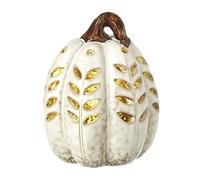 Heaven Sends Zucca in ceramica bianca illuminata a LED, decorazione autunnale a forma di zucca con foglie intagliate, funzionamento a batteria, decorazione stagionale per la casa