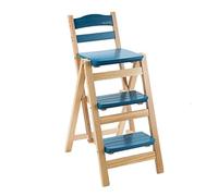 Heavy Du - Sgabello pieghevole multifunzione, scala a 3 gradini con rulli, struttura in legno massello, sgabello da bar portatile per bancone (blu)