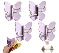 Heavy Duty 4 Pack Rotating Butterfly Adhesive Wall Hooks No Drill 3-Prong Swivel Hangers with 270° Adjustable Wings Strong Stick On Organizer Space Saving Hooks for Home Office and Dorm Use (Purple)
