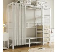 Heavy Duty Clothes Rack with Curtain - Large Wardrobe Closet System for Bedroom, 4 Open Shelves & 6 Drawers, White Walk-in Closet Organizer (130x50x170cm)