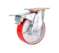 Heavy Duty Plate Industrial Metal Caster Wheels,Red Swivel Polyurethane Furniture Castor,Iron Core,360° Bearing,High Load,Mute,1pcs,for Large Furniture,Trolley,Flatbed Ca,Brake-6in