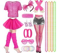 HEAWAA 28 pezzi Costume Anno 80 Accessorio Donna Anni 80s Disco Costume avce Tutu Fluo Top Guanti a Rete Collant Collane Occhiali Fascia Leggings Bracciali per Donna Anni 80s 90s Festa Neon