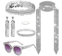 HEAWAA 6 Pezzi Accessori Discoteca per Donne, Costume da Disco degli 70s con Sciarpa Disco Lente Solare Orecchini Paillette Fascia Bracciale Anelli per Anni '70 '80 Festa