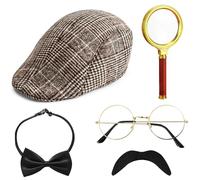 HEAWAA Set di 5 accessori per costume da detective, accessori per costume da sherlock Holmes con cappello detective, occhiali falsi baffi, lente di ingrandimento, papillon detective, cosplay
