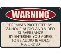 HEBELYX Cartello di avvertimento con scritta in lingua inglese "Premises Protected by 24 Hour", segnale di sorveglianza audio e video per cani da giardino, segnali di avvertimento per proprietà, in