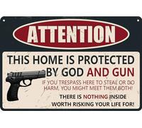 HEBELYX Cartello in metallo antiruggine con scritta "This Home is Protected By God" e Gun, resistente alle intemperie e allo sbiadimento, facile da montare, per interni ed esterni, 30,5 x 20,3 cm, 8