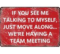 HEBELYX Divertente cartello da ufficio con scritta "If You See Me Talking To Myself We'Re Having A Team Meeting", accessorio per porta dell'ufficio, decorazione da parete, in metallo, 20 x 30 cm