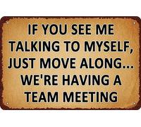 HEBELYX Divertente targa vintage in metallo per ufficio, con scritta in lingua inglese "If You See Me Talking To Myself We're having a team meeting", decorazione da parete in stile retrò, decorazione