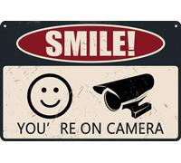HEBELYX Smile You're on Camera Sign Video Surveillance Outdoor Metal Tin Signs 30,5 x 20,3 cm, Cartello di sicurezza per casa, azienda, segnalazione vialetto, CCTV, 8-1157