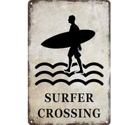 HEBELYX Surfer Crossing Targhe in latta Beach Room Decor Estetica Beachy Tavola da surf Decorazione da parete Spiaggia Targa in metallo Surf Room Decor Surfer Girl Room Decor Beach Home Bar 20,3 x