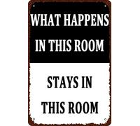 HEBELYX Targa in metallo vintage con scritta in lingua inglese "What Happens in This Room Stay in This Room", decorazione da parete in stile retrò, decorazione divertente per casa, bar, pub