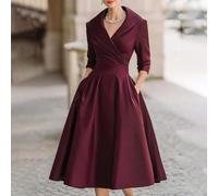HEBEOT Abito da donna elegante in raso con colletto rovesciato, maniche lunghe, vita media, abito da sera per matrimoni, ospiti, cocktail, feste, vacanze, albicocca