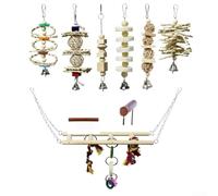 HEBEOT Giocattoli per pappagalli, accessori per gabbie per uccelli, set da 7 pezzi, in legno, con scala oscillante, per giochi interattivi, arricchimento mentale e attività fisica in gabbie standard