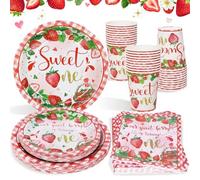 Heboland Compleanno 1 Anno Piatto Bambina Fragola per 20 Ospiti, 80 Pezzi Stoviglie Primo Compleanno Bimba Fragolina Piatti Tovaglioli Tazze Berry Sweet per Decorazioni Il Primo Compleanno Girl Baby