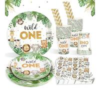 Heboland Decorazioni Compleanno 1 Anno Piatti Animali Set per 25 Ospiti, 100 Pezzi Primo Compleanno Bimbo Safari Giungla Stoviglie Wild One Feste Piatti Carta, Tazze e Tovaglioli per Bimbo Ragazzi