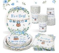 Heboland Piatti Baby Shower Maschio Blu per 25 Ospiti, 100 Pezzi Stoviglie Il Mio Battesimo Piatti di Carta Tazza Battesimo Bimbo per Neonati Baby Shower Decorazioni Boy