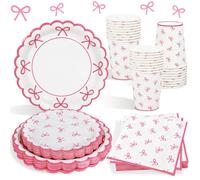 Heboland Piatti di Carta Rosa Fiocco, 100pcs Decorazioni Compleanno Fiocco Coquette Piatti e Bicchieri per Feste di Compleanno Fiocchi Rosa per Donne Ragazze Addio al Nubilato - 25 Ospiti