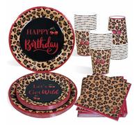 Heboland Set Piatti Compleanno Leopardata Rossa per 25 Ospiti, 100 Pezzi Piatti, Tazze e Tovaglioli per Feste Rosso per Decorazioni Party a Tema Wild, Addio al Nubilato per Donna e Ragazza