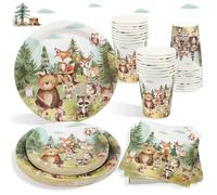 Heboland Set Stoviglie Compleanno Animali Bosco, 100 Pezzi | per 25 Ospiti, Tovaglioli Piatti e Bicchieri per Feste di Compleanno Foresta, Decorazioni Primo Compleanno Bimbo, Baby Shower