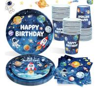 Heboland Set Stoviglie Compleanno Spazio, 100 Pezzi | per 25 Ospiti, Piatti e Bicchieri per Feste di Compleanno Astronauta, Decorazioni Compleanno Sistema Galassia Forniture Feste