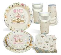 Heboland Set Stoviglie Primo Compleanno Bimba Libro, 100 Pezzi | per 25 Ospiti, Piatti e Bicchieri Festa Compleanno Libro delle Fiabe, Motivo Fiori Vintage Decorazioni Primo Compleanno Bimba