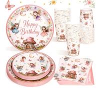 Heboland Stoviglie per Feste Fiabesco per 25 Ospiti, 100 pezzi Piatti di Carta Tazze e Tovaglioli per Feste Principesse Fata Decorazioni Festa a Tema Funghi Giardino Fate