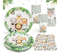 Heboland Stoviglie per Feste Safari Giungla per 25 Ospiti, 100Pezzi Decorazioni Stoviglie Compleanno Animali Giungla Piatti di Carta Tovaglioli Tazze di Carta per Compleanno Bambini