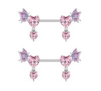 Hebterrka 2 anelli per capezzoli a forma di cuore rosa, da donna, 14 g, 16 mm, acciaio chirurgico CZ, strass, farfalla, capezzoli appesi scudi, gioielli per il corpo, Colore: rosa., L