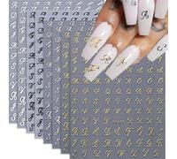 Hebterrka 8 fogli adesivi per unghie con lettere inglesi antiche decorazioni per unghie, 3D, colore oro, argento, nero, bianco, motivo inglese