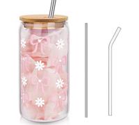 Hebterrka Aesthetic Clean Girl bicchiere con coperchio e cannuccia, vetro con fiocco rosa, cannuccia di ferro e spazzola per la pulizia