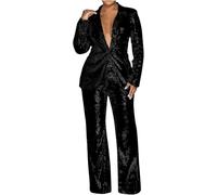 Hecatombic Set Due Pezzi da Donna in Tinta Unita con Paillettes E Scollo A V Blazer Set Elegante Business Ballo Blazer Giacca E Pantaloni A Gamba Larga (Nero,M)