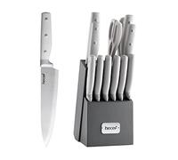 hecef Coltelli da Cucina con Ceppo 14 Pezzi, Affilatore e Forbici, Grigio | Set Coltellos con Ceppo Grigio in Legno, Lame Inox Affilate, Manici Antiscivolo, Coltelli da Bistecca e Utensili