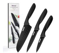 hecef Set Coltelli da Cucina, 3 Pezzi Coltelli in Acciaio Inox con Nero Rivestimento Antiaderente, Manico Ergonomico e Fodero Protettivo, Lavabili in Lavastoviglie, Ideali per Uso Quotidiano e Regalo