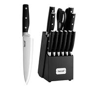 hecef Set Coltelli da Cucina con Ceppo 14 Pezzi, Affilatore e Forbici, Nero | Set Coltellos con Ceppo Nero in Legno, Lame Inox Affilate, Manici Antiscivolo, Coltelli da Bistecca e Utensili