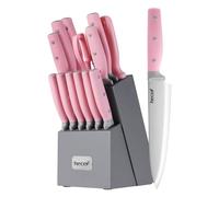 hecef Set Coltelli da Cucina con Ceppo 14 Pezzi, Affilatore e Forbici, Rosa | Set Coltellos con Ceppo Grigio in Legno, Lame Inox Affilate, Manici Antiscivolo, Coltelli da Bistecca e Utensili Rosa