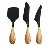 hecef Set di 3 coltelli da formaggio, lame larghe, effetto legno d'ulivo | Tre forme di lama per tagliare, porzionare e servire formaggi morbidi, semiduri e duri
