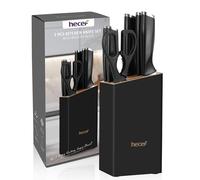 hecef set di 7 di pezzi coltelli con ceppo in legno e forbici da cucina, manico speciale curvo, Set di coltelli acciaio inox per chef e appassionati di cucina, nero