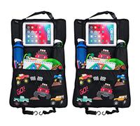 HECKBO 2x Organizer Sedile Posteriore Auto per Bambini con Scomparto Regolabile Tablet fino a 20'' con Pellicola Touch - Monster Trucks - Universale - 70x45cm - Tasca Termica + Tasca a rete