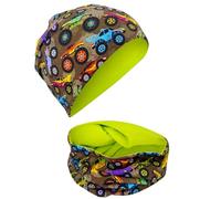 HECKBO Berretto Modello Beanie + Girocollo per Bambini - Cuffia Reversibile con Stampa auto mostro camion - da 2 anni - 95% Cotone - Morbido e Pratico Tessuto Elasticizzato