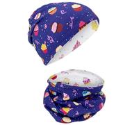 HECKBO Berretto modello Beanie per Bambine + Girocollo - Cuffia Reversibile con Stampa Cupcake - da 2 anni - 95% Cotone - Morbido e pratico tessuto elasticizzato